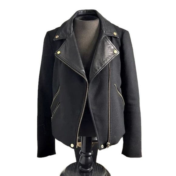 (70% OFF) EUC Zara Genuine Leather Trim BLACK Moto jacket MEDIUM MSRP: $228 - Picture 1 of 6